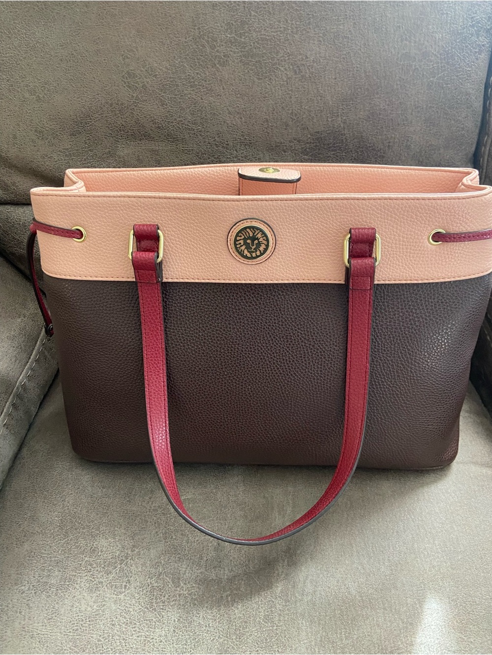 Anne Klein Two-Tone Leather Tote in Brown & Blush with Burgundy Straps